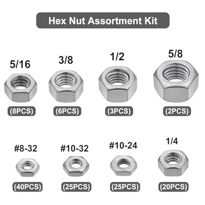 VGBUY 129pcs SAE Hex Nuts Assortment Kit 8-32 10-24 10-32 1/4"-20 5/16"-18 3/8"-16 1/2"-13 5/8"-11, 304 Stainless Steel 18-8 External Hex nut Set - size: SAE Kit