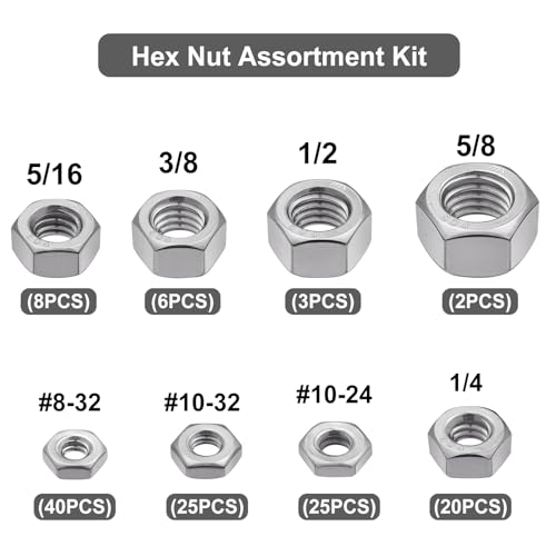 VGBUY 129pcs SAE Hex Nuts Assortment Kit 8-32 10-24 10-32 1/4"-20 5/16"-18 3/8"-16 1/2"-13 5/8"-11, 304 Stainless Steel 18-8 External Hex nut Set - size: SAE Kit