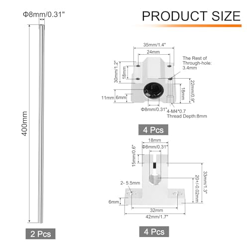 uxcell 2 Pcs 8mm x 400mm Linear Motion Rail Shaft Slide Guide with 4 Pcs SCS8UU Bearings and 4 Pcs SK8 Rail Support Linear Motion Rod Shaft Guide Set for CNC Machine 3D Printer, Silver - size: 400mm