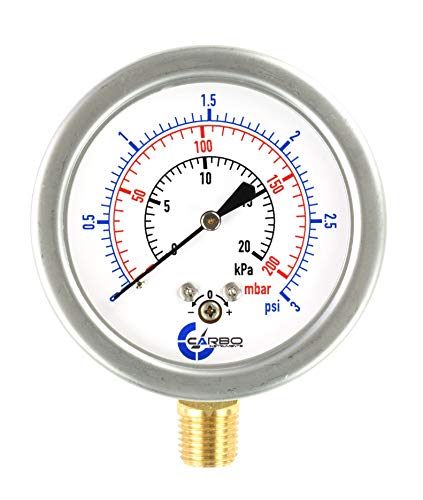 Diaphragm Low Pressure Capsule Gauge, 2-1/2" Dial, 3 PSI Range, 1/4" NPT Lower Mount, Stainless Steel Case, Brass Internals, Adjustable, Scales 3 PSI / 20 kPa / 200 mBar - size: 3 PSI