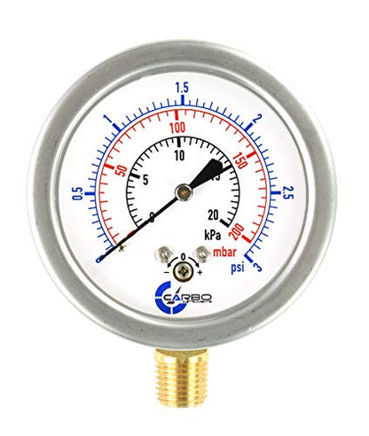 Diaphragm Low Pressure Capsule Gauge, 2-1/2" Dial, 3 PSI Range, 1/4" NPT Lower Mount, Stainless Steel Case, Brass Internals, Adjustable, Scales 3 PSI / 20 kPa / 200 mBar - size: 3 PSI