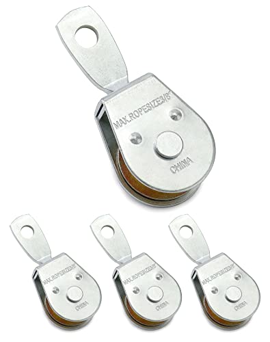 QWORK Single Pulley Block Wheel, 4 Pack Heavy Duty Zinc Plated Iron Single Wheel, 360 Degree Swivel Lifting Rope Pulley Block, Load Capacity 420 Lbs