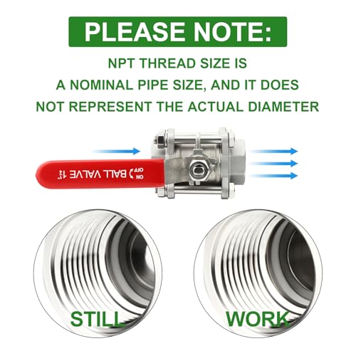 TAISHER 1PCS 1-1/4" FNPT Heavy Duty 3PC High Platform Ball Valve 304 Stainless Steel with Red Handles W0G1000 - size: 1-1/4" FNPT(3PC)