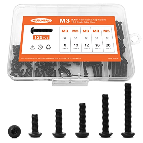 M3 x 8mm 10mm 12mm 16mm 20mm Button Head Socket Cap Screws Bolts, 10.9 Grade Alloy Steel, Black Oxide Finish, Metric Allen Hex Drive, Machine Fully Threaded, Assortment Kit 125PCS - size: M3 x 8/10/12/16/20mm (125PCS)