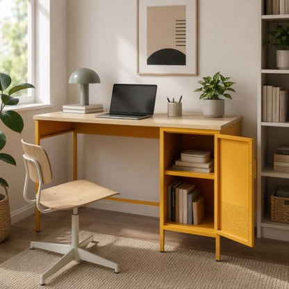 Wood Top Side Cabinet with 2-Tier Metal Storage Cabinet & Locker, Study Desk with Legs, Easy Assembly, Holds Books, Laptops & Everyday Essentials for Home, Office Yellow - color: Mustard, style: Cabinet-30"H-BY