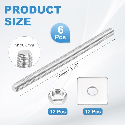 MECCANIXITY 6Set M5x70mm Fully Threaded Rod Threaded Rods Bar Studs - size: M5x70mm