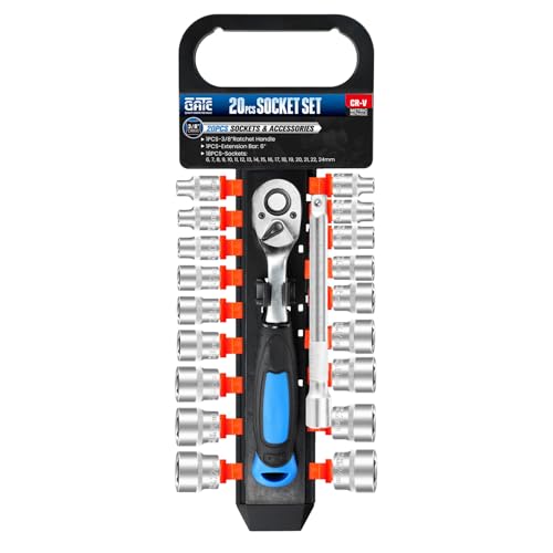 20PCS 3/8" Drive Metric Socket Wrench Set, 90-Tooth Reversible Ratchet Handle，6 Point Shallow Sockets (6-24mm) and Extension Bar 6", CR-V Steel, Tool Set For Car,Motorcycle,Bike Repair - size: 20P 3/8 inch(6-24mm)
