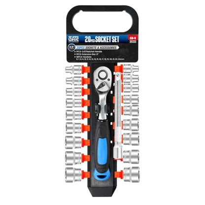 20PCS 3/8" Drive Metric Socket Wrench Set, 90-Tooth Reversible Ratchet Handle，6 Point Shallow Sockets (6-24mm) and Extension Bar 6", CR-V Steel, Tool Set For Car,Motorcycle,Bike Repair - size: 20P 3/8 inch(6-24mm)
