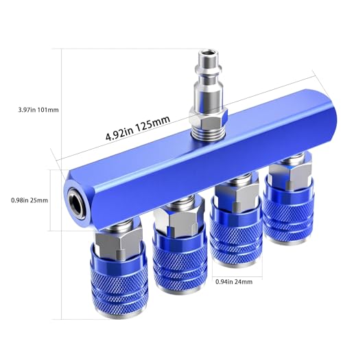4-Way Air Manifold 1/4 Inch Air Hose Splitter Industrial Connect Fitting 4 Couplers Plug Blue - color: Blue