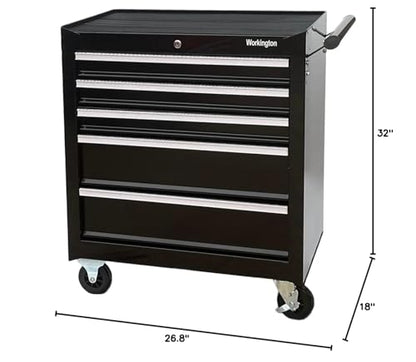 Workington Professional Industrial Rolling Metal Tool Chest with 5 Drawers, 26" 5-Drawer Tool Chest Cabinet with Ball Bearing Drawer Slides, Steel Tool Storage Box Organizer 4102 Black