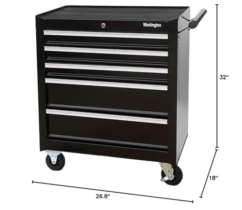 Workington Professional Industrial Rolling Metal Tool Chest with 5 Drawers, 26" 5-Drawer Tool Chest Cabinet with Ball Bearing Drawer Slides, Steel Tool Storage Box Organizer 4102 Black