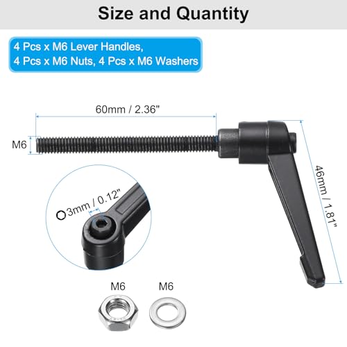 uxcell 4pcs Lever Adjustable Handles M6 x 60mm Metric Male Thread with Nuts Washers, Level Clamping Handle Set Hand Stud Knobs Rotating Screw Handles Bolts with Locking Lever, Black - size: M6 x 60mm