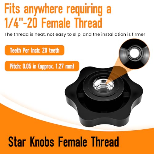 Aifeier ET 16 Pcs 1/4"-20 Inch Knob | Black Nylon Screw-On Type Thru Threaded Nuts | 6-Star Shape Hand Tighten Clamping Knobs (0.25"/6.35mm) - size: 16 pcs 1/4"-20