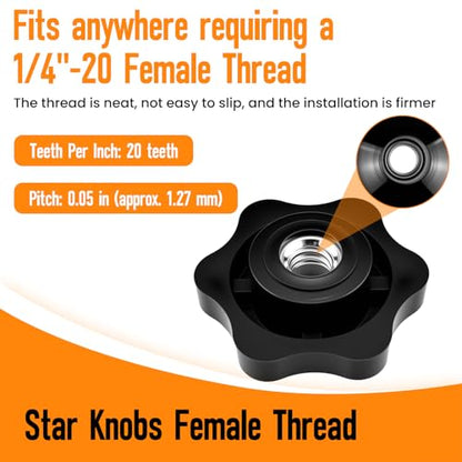 Aifeier ET 16 Pcs 1/4"-20 Inch Knob | Black Nylon Screw-On Type Thru Threaded Nuts | 6-Star Shape Hand Tighten Clamping Knobs (0.25"/6.35mm) - size: 16 pcs 1/4"-20