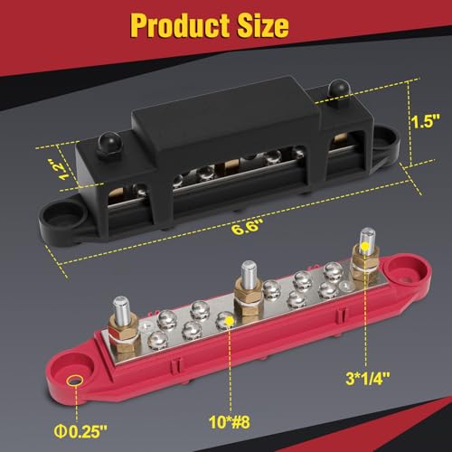 Mofeez Bus Bar 3 x 1/4” Post 10 x #8 Screw Terminal Power Distribution Block for Car Boat Marine (Red & Black) - size: 3 x 1/4"