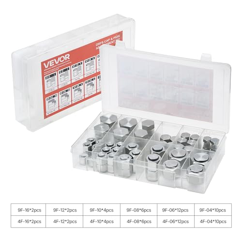VEVOR 72 PCS ORFS Hydraulic Fittings, O Ring Face Seal Fitting Kit, Hydraulic Hose Tube and Pipe Fittings, Cap and Plug Set for Hydraulics, O Ring Assortment Kit Precision Thread, Sizes 4 6 8 10 12 16