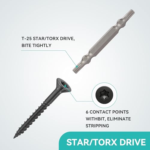 Wood Screws Black #6 × 1 inch Torx Star Drive Deck Screws Flat Head M3.5 × 25 Countersunk T10 Self Tapping Thread Cut 200pcs Carbon Steel Galvanized Very Small Size Screw(200PCS/Small Box Black) - color: Black, size: #6×1