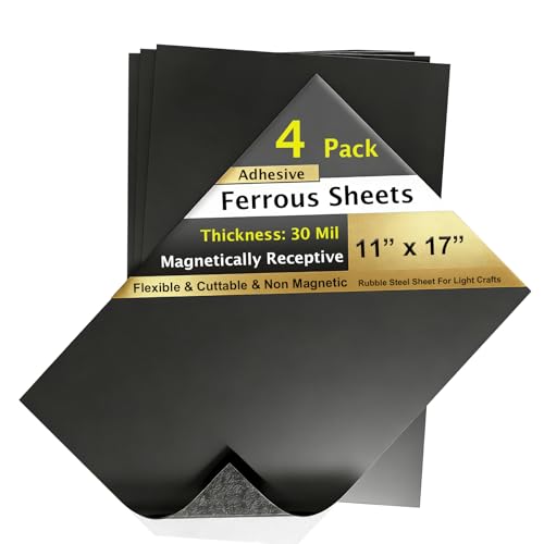 4Pack, 11"x17" Rubber Metal Sheets For Magnets, Flexible Ferrous Sheet Steel Vinyl Magnetically-Receptive with Adhesive, Flat Iron Pad Work with All Magnets - size: 11"X17"-4Pcs