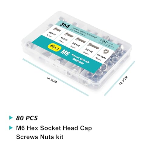 M6 x 10mm 20mm 30mm 40mm Hex Socket Head Cap Screws Bolts and Nuts, Stainless Steel 304, Bright Finish, Metric Allen Drive, Fully Thread, Assortment Kit 80PCS - size: Socket M6x10-40mm+Nuts