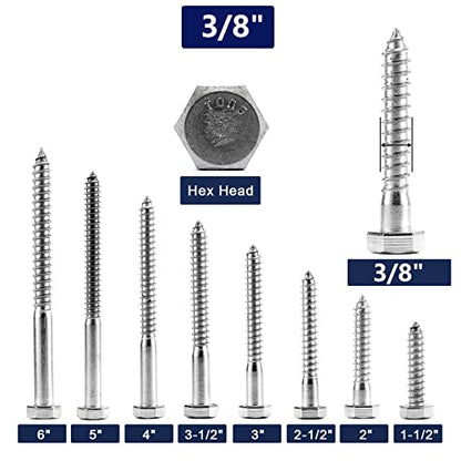 3/8" x 2-1/2" Hex Head Lag Screws Bolts 20Pcs 304 Stainless Steel 18-8, Partial Thread, Hexagon Head Wood Screws by SG TZH - size: 3/8-16 x 2-1/2"