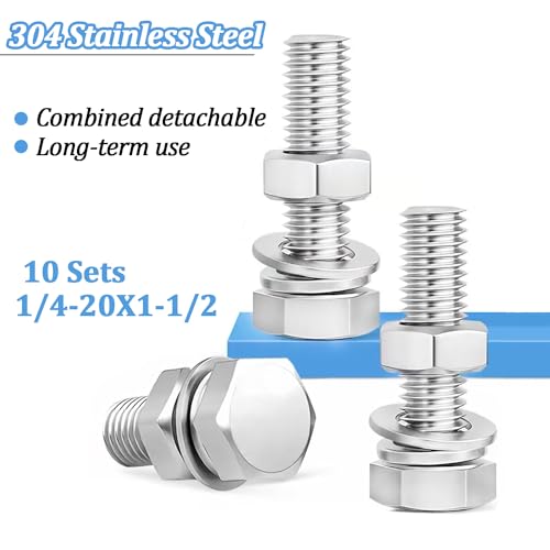 10 Sets 1/4-20 x 1-1/2" Stainless Steel Hex Head Screws Bolts, Flat, Nuts & Lock Washers,Hex Bolts 18-8(304) Full Thread - color: Silver-hex, size: 1/4-20x1-1/2"(10 sets)