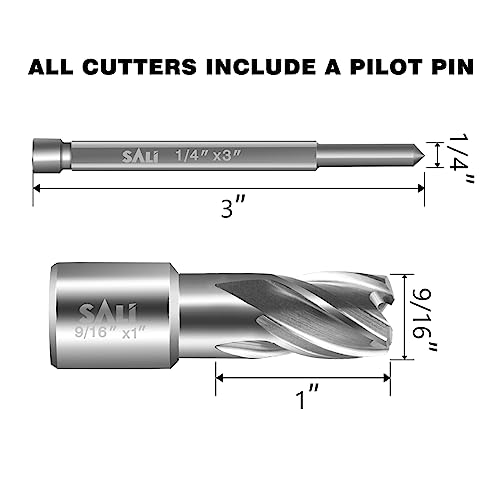 SALI Annular Cutter Diameter 9/16 Inch with Weldon Shank 3/4" (with 2 Flats) Cutting Depth 1" Mag Drill Bit for Magnetic Drill Press HSS Fully Ground Drill with One 1/4"*3" Pilot Pin - size: 9/16"*1"