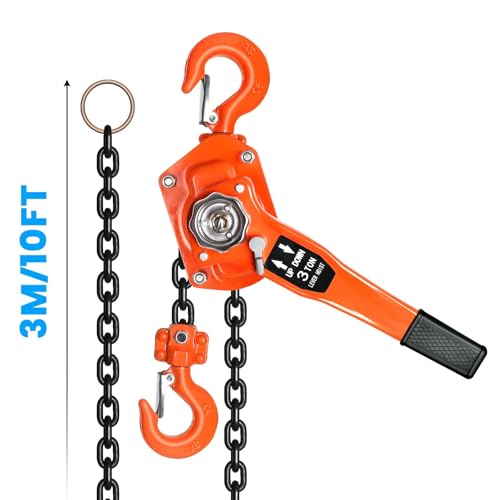 3 Ton Chain Hoist Come Along Winch Heavy Duty, 6600 LBS Capacity G80 Galvanized Chain Come Along, 10FT Lift Double-Pawl Brake Chain Fall Lever Hoist for Industrial Construction Warehouse
