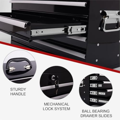21-inch Portable Metal Tool Box with 4 Drawers, Steel Toolbox with Locking Lid, EVA-Lined Ball-Bearing Slides & Powder-Coated Finish, Top Tool Chest for Mechanic & Craftsman Use, Black - color: Black