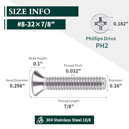 #8-32 x 7/8" Flat Countersunk Head Machine Screws, Phillips Drive, 304 Stainless Steel 18-8, Full Thread, Coarse Thread UNC, 50 PCS - size: #8-32 x 7/8"