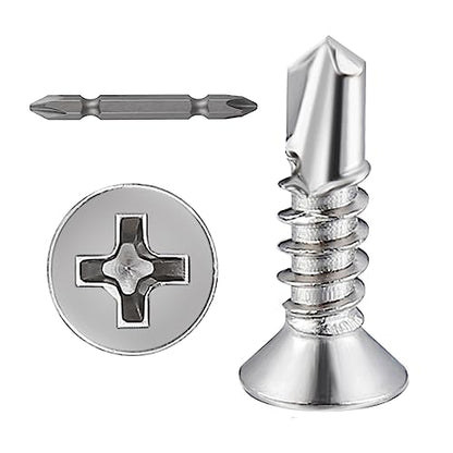Wensilon（500pcs）#8×5/8”for Sheet Metal Self-Tapping Screws 410 Stainless Steel Flat Head High-Strength Quick self-Drilling Screws - color: Silver, size: #8X5/8"