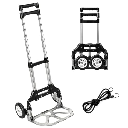 Folding Hand Truck Portable Foldable Hand Trolley Dolly Cart Aluminum Luggage Cart Black MAX Load 180 lbs, with Black Bungee Cord, Telescoping Handle,Solid Aluminium Wheel suspensions, Double Bearings