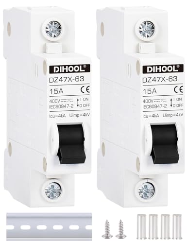 DIHOOL AC/DC Miniature Circuit Breakers, 2 Pack, Single Pole 15 Amp, 12V 24V 48V 400V, Non Polarized, Solar Disconnect Switch, DIN Rail Mount, RV Battery Isolator, PV Array MCB, Thermal Magnetic Trip