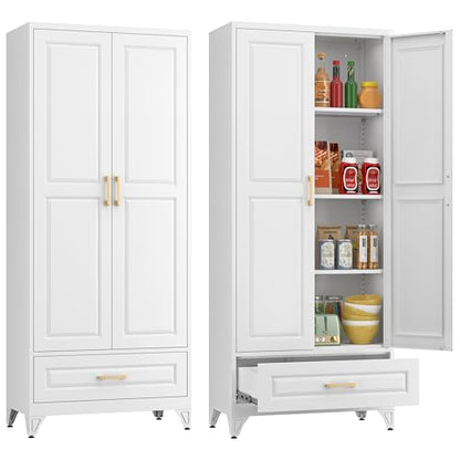Polup 75" Metal Storage Cabinet, Tall Kitchen Pantry Cabinet with 1 Drawer - color: White, size: 75"H - 1 Drawer