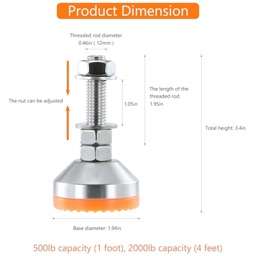 Heavy Duty 2000 lb Capacity Stainless Steel Adjustable Leveling Feet for Shelving,Machinery Devices, Workbench,Furniture,M12 Thread, 1.94inches Dia Base, Anti-Slip Nylon Pad - color: Orange, size: B1.94in x M12 x H1.97in