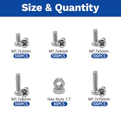 530Pcs 304 Stainless Steel Metric Micro Screws Nuts Assortment, M1.7x3/4/5/6/8mm Sizes, Phillips Pan Head, Fully Threaded Kit for Arduino, RC Models, Electronics, DIY Projects - size: M1.7x3/4/5/6/8- 530 Pcs