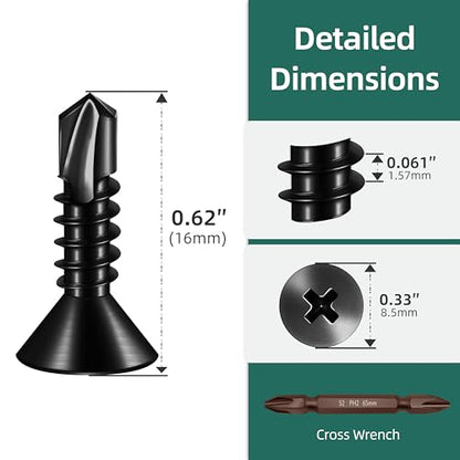 400pcs #10 x 5/8 Sheet Metal Self Tapping Screws Assortment Kit, 410 Stainless Steel Flat Head High-Strength Fast Self-Drilling Screws, Black Oxided - size: #10x5/8"