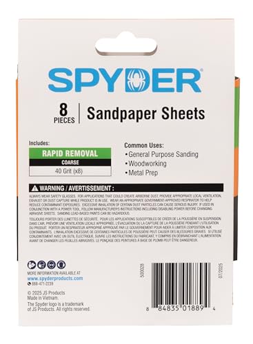 Spyder 8-Sheets Aluminum Oxide 40 Grit Sandpaper with Stearate, for 1/4-Sheet Palm Sander, 4.5 x 5.5 Inch, Wet Dry Abrasive for Wood, Metal, Plastic (500028)