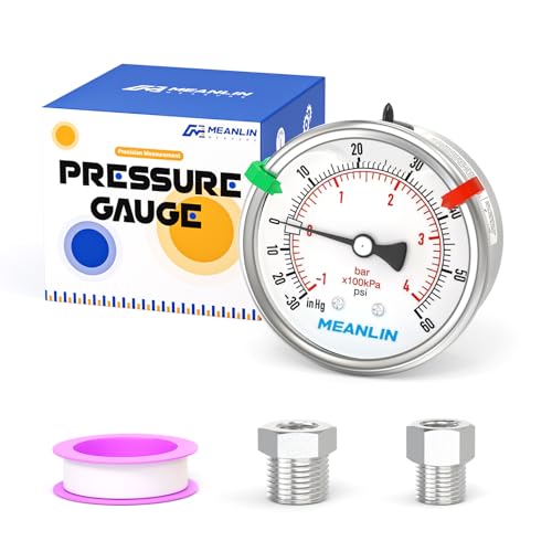 MEANLIN MEASURE -30inHG~60Psi Vacuum Pressure Gauge 316 Stainless Steel Joint 1/4"NPT 2.5"FACE DIAL, Liquid Filled Pressure Gauge WOG Water Oil Air Back Mount with Stainless Steel Hex Bushing, Snaps - size: -30inHG-60Psi, style: Back Mount