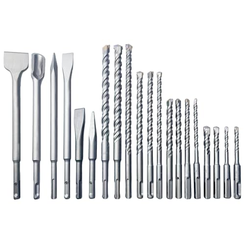 20-Piece SDS Plus Rotary Hammer Drill Bit and Floor Scraper Chisel Set Kit, Slotted-Type Double Thread Carbide Concrete Drill Bit for Stone, Brick, Masonry, Cement Walls with Storage Case - size: 20-Piece