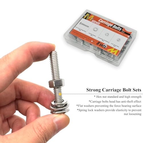 8 Sets 5/16"-18 x2 Carriage Bolts Round Head Square Neck Screws with Hex Nuts Flat Washers Spring Lock Washers 304 Stainless Steel Full Thread Coverage Square Neck Bolts Assortment Kit - size: 5/16"-18 x2"-8 Sets