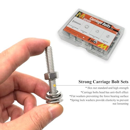 8 Sets 5/16"-18 x2 Carriage Bolts Round Head Square Neck Screws with Hex Nuts Flat Washers Spring Lock Washers 304 Stainless Steel Full Thread Coverage Square Neck Bolts Assortment Kit - size: 5/16"-18 x2"-8 Sets