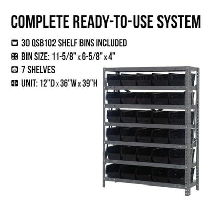 Quantum Storage 1239-102 Steel Shelf Bin Organizer System, 30 4"H Hopper-Front Bins, 7-Shelf Unit, 400 lb Per Shelf, for Warehouse, Shop, Garage & Stockroom, 12"D x 36"W x 39"H, Black - size: 39" H x 36" W x 12" D, style: 12" L x 7" W x 4" H 30 Economy Bl