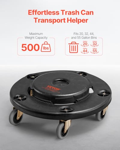 VEVOR Trash Can Dolly, Fit 20, 32, 44, 55 Gallon Containers, Round Trash Can Roller Base with 4 Lockable Wheels, 500lbs Weight Capacity, Heavy Duty Barrel Dolly, Multi-Functional Rolling Cart