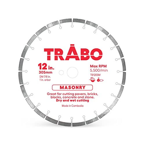 Trabo 12 Inch Masonry Segmented Rim Diamond Bond Blade for Cutting Cement, Pavers, Concrete with Rebar, Natural Stone and More, with 1 Inch Arbor - size: 12 Inch