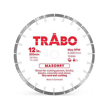Trabo 12 Inch Masonry Segmented Rim Diamond Bond Blade for Cutting Cement, Pavers, Concrete with Rebar, Natural Stone and More, with 1 Inch Arbor - size: 12 Inch