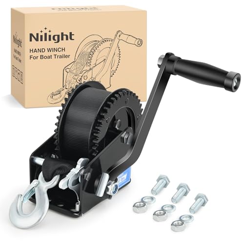 Nilight Boat Trailer Winch 2000 Lbs Hand Crank Winch Heavy Duty Boat Winches with 23Ft Strap Rope Hook 2-Way Ratchet 4:1 Gear Portable Marine Manual Winch for Trailers Boats RV ATV Jet Ski Towing - color: Black, size: 2000 lbs
