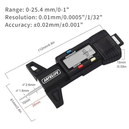 SAFELIFE Digital Tire Tread Depth Gauge, 3 Modes-Fractional Inch, Decimal Inch and Millimeter, Zeroable Tire Tread Depth Gauge for Motorcycles,Cars,Trucks Accurate Tyre Tread Depth Gauge-Black - color: black