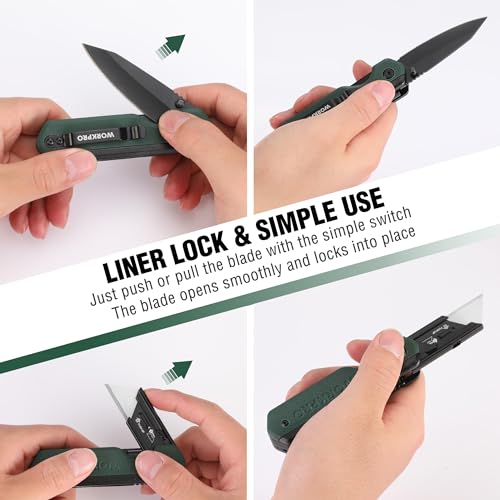 WORKPRO 2-in-1 Folding Knife/Utility Knife, Quick-Change Box Cutter with Belt Clip, Liner Lock, and G10 Handle, Extra 10 SK5 Blades Included, Green - color: Green G10