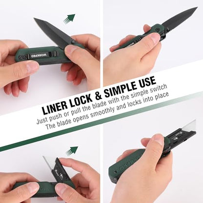 WORKPRO 2-in-1 Folding Knife/Utility Knife, Quick-Change Box Cutter with Belt Clip, Liner Lock, and G10 Handle, Extra 10 SK5 Blades Included, Green - color: Green G10