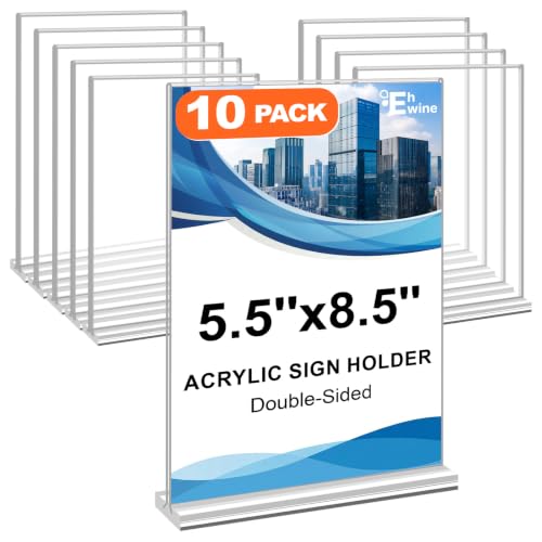 EHWINE 10 Pack Acrylic Sign Holder 5.5 x 8.5, Double Sided Picture Frame Stand up Table Top Sign Holders, Clear Display Stand Menu Flyer Holder for Wedding Party